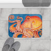 Red Orange Octopus On Blue Watercolor Ink Art Bath Mat Home Decor