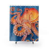 Red Orange Octopus On Blue Watercolor Ink Art Shower Curtain 71 × 74 Home Decor