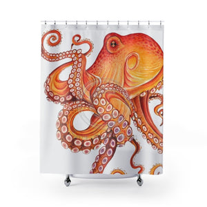 Red Orange Octopus On White Watercolor Ink Art Shower Curtain 71 × 74 Home Decor