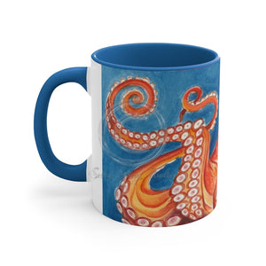 Red Orange Octopus Watercolor Blue Accent Coffee Mug 11Oz /
