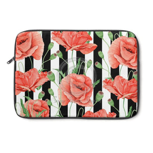 Red Peonies Black Stripes Chic Laptop Sleeve 13