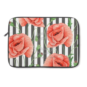 Red Peonies Grey Stripes Chic Laptop Sleeve 13