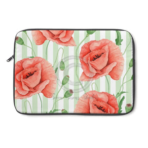 Red Peonies Light Green Stripes Chic Laptop Sleeve 13