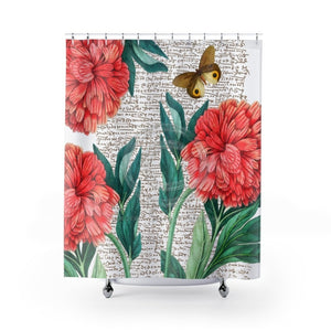 Red Peony Calligraphy Butterfly Art Shower Curtain 71 × 74 Home Decor