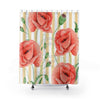 Red Poppies Beige Stripes Shower Curtain 71X74 Home Decor