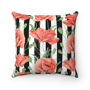 Red Poppies Black Stripes Chic Art Square Pillow 14X14 Home Decor