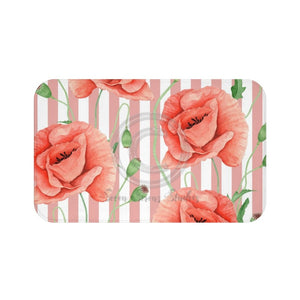 Red Poppies Dusty Pink Stripes Chic Bath Mat Large 34X21 Home Decor