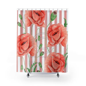 Red Poppies Dusty Pink Stripes Shower Curtain 71X74 Home Decor