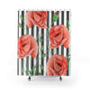 Red Poppies Grey Stripes Shower Curtain 71X74 Home Decor