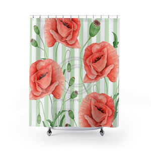 Red Poppies Light Green Stripes Shower Curtain 71X74 Home Decor