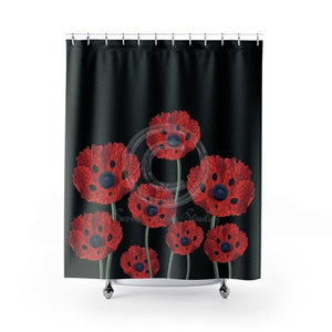 Red Poppies On Black Vintage Art Shower Curtain 71 × 74 Home Decor