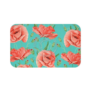 Red Poppies On Teal Watercolor Art Bath Mat Large 34X21 Home Decor