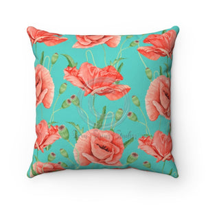 Red Poppies Teal Watercolor Square Pillow 14X14 Home Decor
