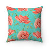 Red Poppies Teal Watercolor Square Pillow Home Decor