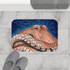 Red Rust Octopus Vintage Map Blue Cosmic Watercolor Art Bath Mat Home Decor