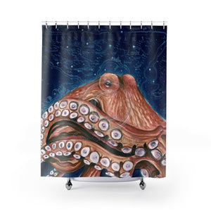 Red Rust Octopus Vintage Map Blue Cosmic Watercolor Art Shower Curtain 71 × 74 Home Decor