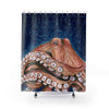 Red Rust Octopus Vintage Map Blue Cosmic Watercolor Art Shower Curtain 71 × 74 Home Decor