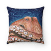 Red Rust Octopus Vintage Map Blue Cosmic Watercolor Art Square Pillow Home Decor