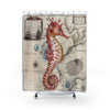 Red Seahorse Vintage Map Watercolor Shower Curtain 71 × 74 Home Decor