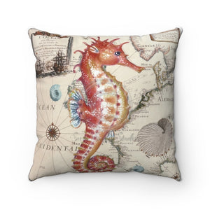 Red Seahorse Vintage Map Watercolor Square Pillow 14 × Home Decor