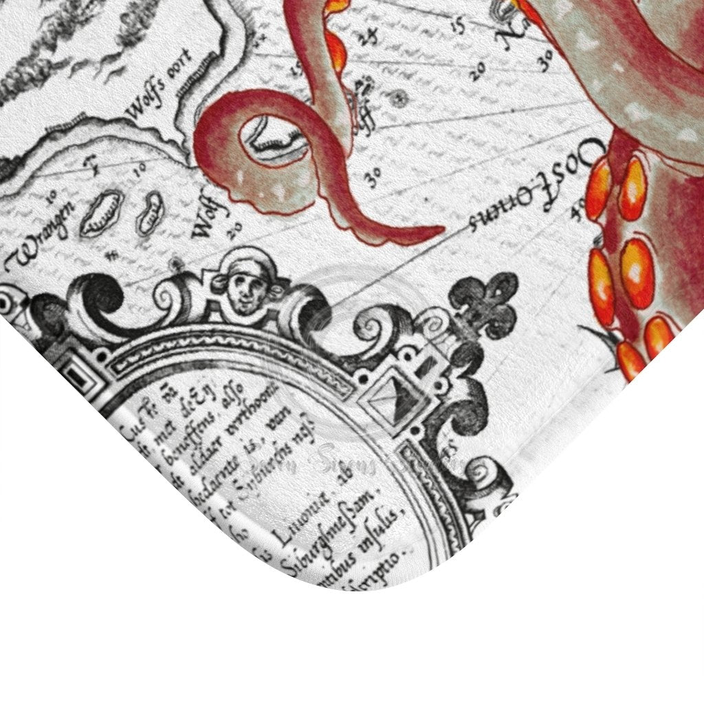 Red Tentacles Octopus Vintage Map Bath Mat – Seven Sirens Studios