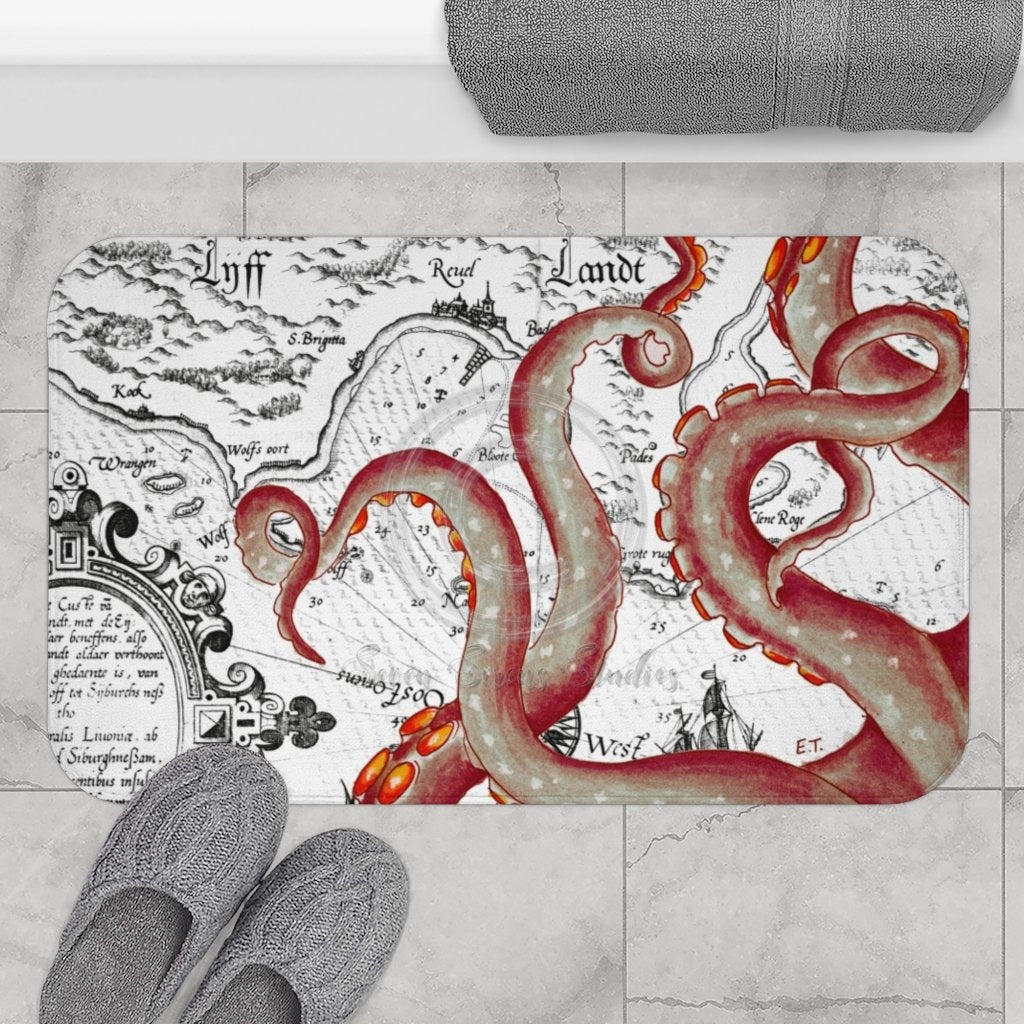 Red Tentacles Octopus Vintage Map Bath Mat – Seven Sirens Studios