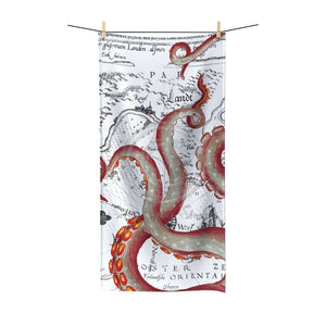 Red Tentacles Octopus Vintage Map Ink Polycotton Towel 30 × 60 Home Decor
