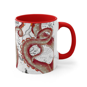 Red Tentacles Octopus Vintage Map On White Art Accent Coffee Mug 11Oz /