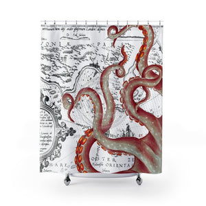 Red Tentacles Octopus Vintage Map Shower Curtain 71 × 74 Home Decor