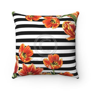 Red Tulips Black Stripes Watercolor Art Square Pillow 14X14 Home Decor