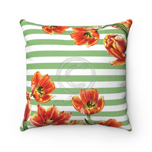 Red Tulips Green Stripes Watercolor Art Square Pillow 14X14 Home Decor