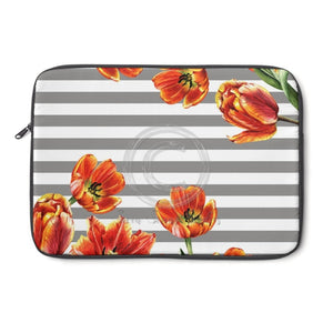 Red Tulips Grey Stripes Ii Floral Chic Laptop Sleeve 13