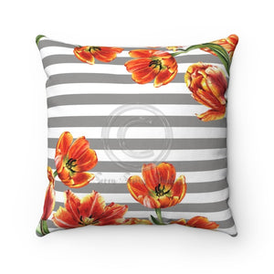 Red Tulips Grey Stripes Watercolor Art Square Pillow 14X14 Home Decor