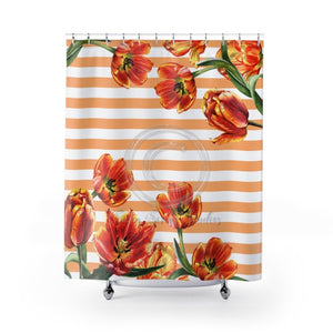 Red Tulips Vintage Peach Stripes Chic Shower Curtain 71X74 Home Decor