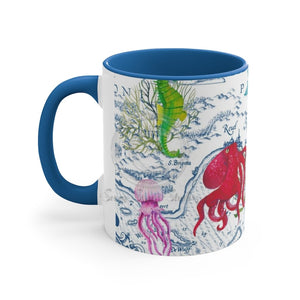 Sea Life Octopus Vintage Map On White Art Accent Coffee Mug 11Oz Blue /