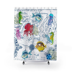 Sea Life Vintage Map Chic White Shower Curtain 71X74 Home Decor