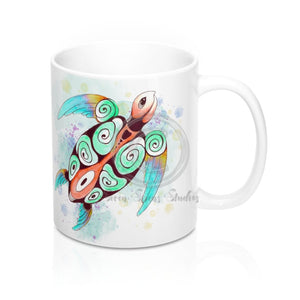 Sea Turtle Teal Splash Tribal Watercolor Ink Art Mug 11Oz
