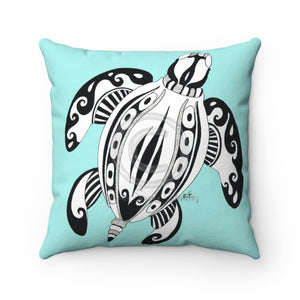 Sea Turtle Tribal Ink Aqua Square Pillow 14X14 Home Decor