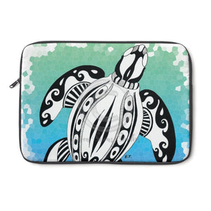 Sea Turtle Tribal Ink Teal On White Laptop Sleeve 13