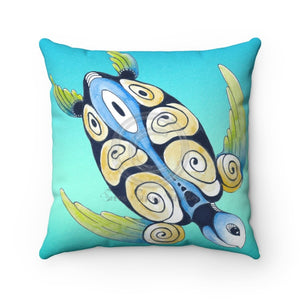 Sea Turtle Tribal Modern Teal Ink Watercolor Square Pillow 14X14 Home Decor