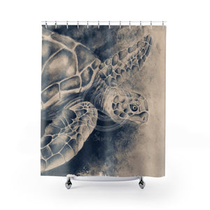 Sea Turtle Watercolor Art Beige Sepia Brushed Edge Shower Curtain 71X74 Home Decor