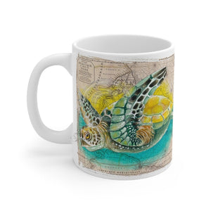 Sea Turtle Watercolor Vintage Map Beige Art Mug 11Oz