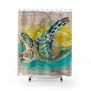 Sea Turtle Watercolor Vintage Map Beige Art Shower Curtain 71 × 74 Home Decor