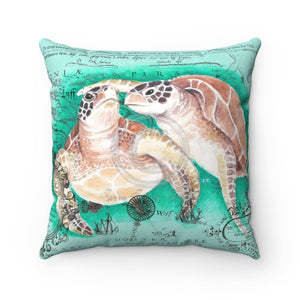 Sea Turtles Vintage Map Teal Green Watercolor Square Pillow 14X14 Home Decor
