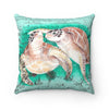 Sea Turtles Vintage Map Teal Green Watercolor Square Pillow Home Decor