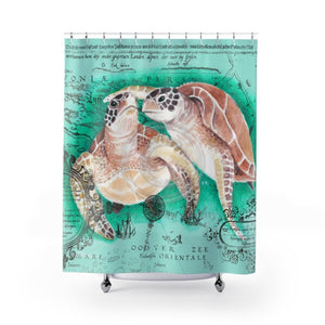 Sea Turtles Vintage Map Teal Ii Watercolor Shower Curtain 71X74 Home Decor