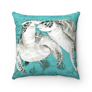 Sea Turtles Vintage Map Teal Watercolor Square Pillow 14X14 Home Decor