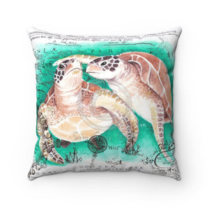 Sea Turtles Vintage Map Teal White Watercolor Square Pillow 14X14 Home Decor