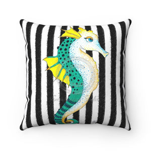 Seahorse Green Black Stripes Pattern Watercolor Art Square Pillow 14X14 Home Decor