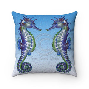 Seahorse Love Bubbles Blue Watercolor Art Square Pillow 14X14 Home Decor